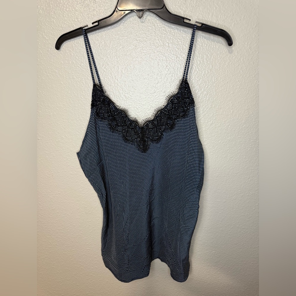 New NWT Avec Les Filles Blue polka dot Camisole with Black Lace